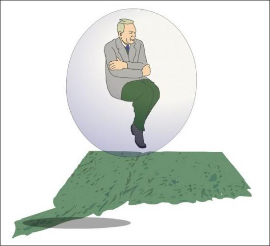 Illustration of a man sitting in a clear bubble